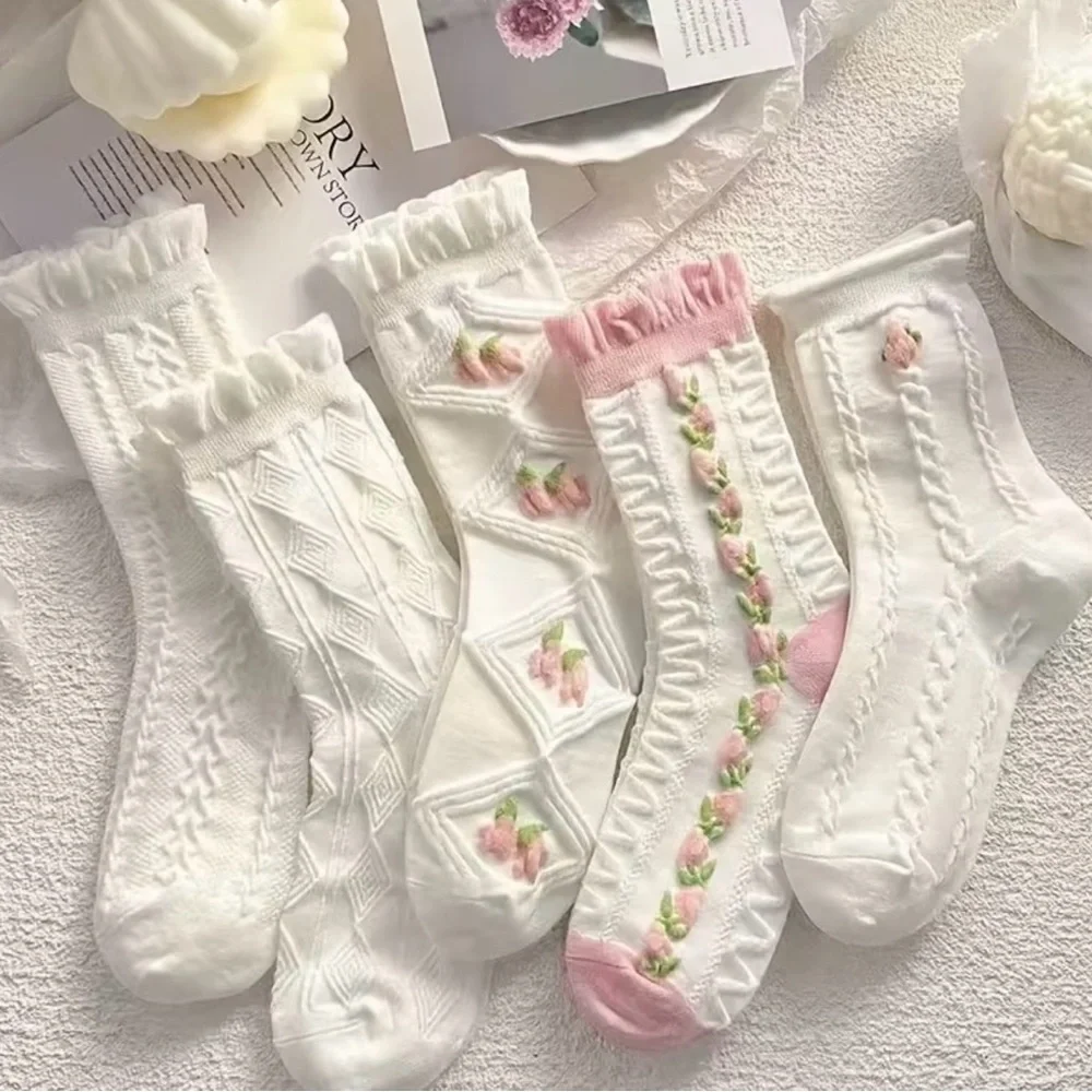 5-Pack Women's Socks, White Lace Mid-Calf Sweet Tulip Pink Embroidered Socks Set